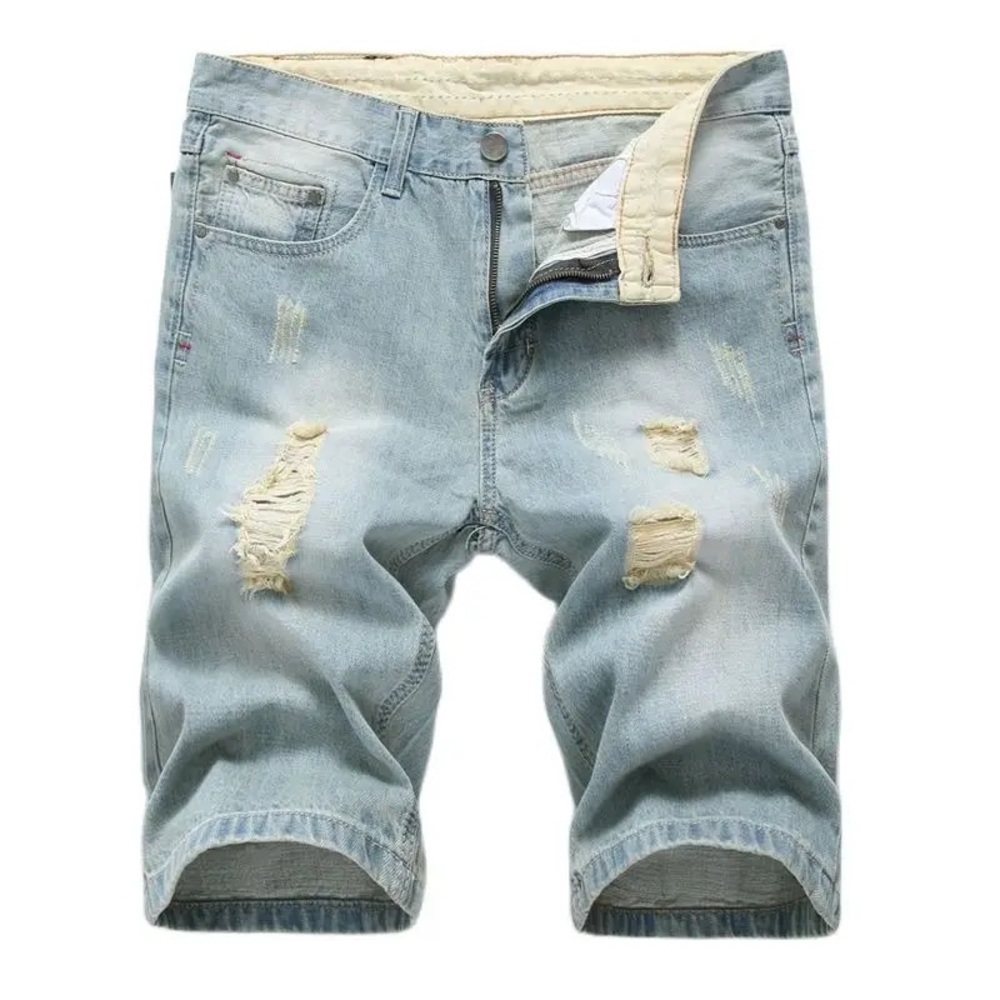 #006-3 Men’s Light Wash Ripped Denim Shorts